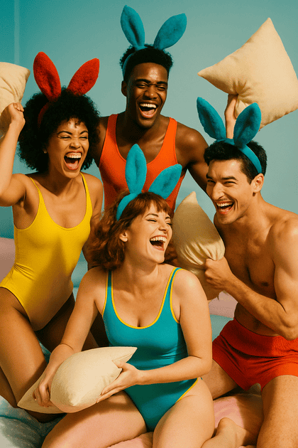 Cinematic portrait of two tall men on a sunny beach wearing colorful retro 1980s swimwear and smiling in nostalgic light.