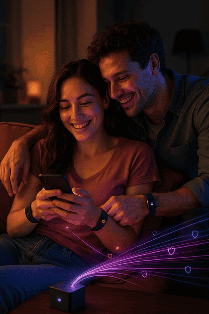 Candid portrait of an attractive male-female couple flirting on plush pillows while their alias bands glow with lock, spark, and heart icons and fiber-optic trails link their phone to a proxy router on the table.
