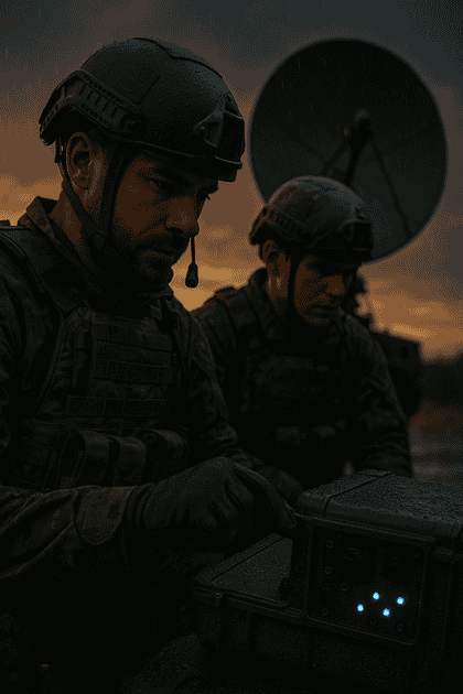 Landscape-friendly view inside a field command center where a diverse team studies a holographic satellite map under low tactical lighting and encrypted UI projections.